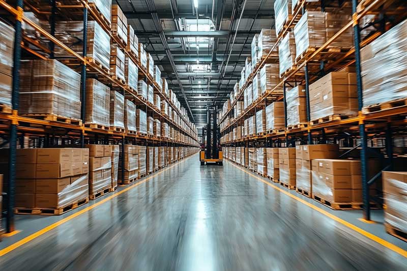 Interior Warehouse with stocked shelves with forklift in the background