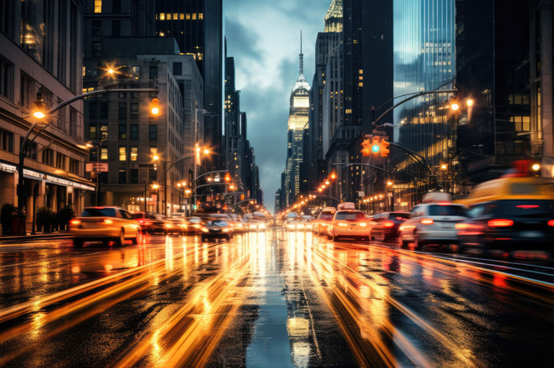 New York City street with traffic and buildings